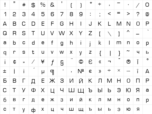 Evropa Normal  glyph index