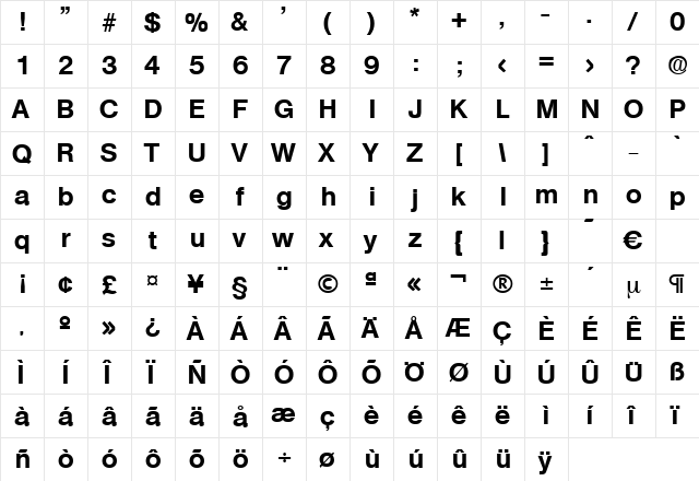 Olympia-Bold Regular  glyph index