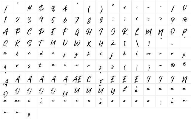 Brushter Regular  glyph index