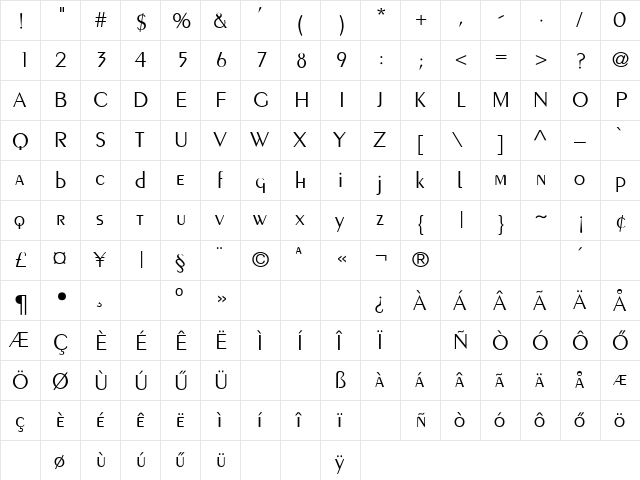 Peignot Light Regular  glyph index