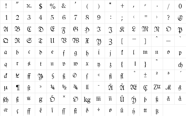 Leipzig Fraktur Normal  glyph index