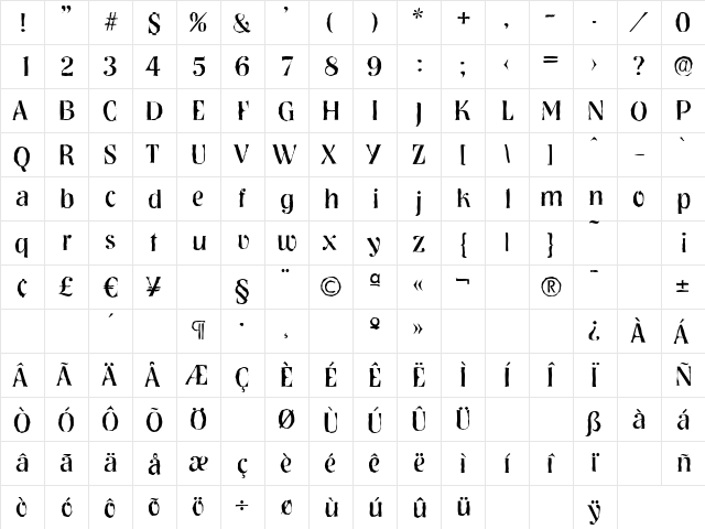 NashvilleAntique Regular  glyph index