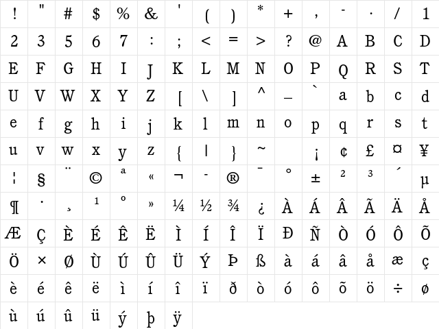 ITC Cushing Std Book  glyph index