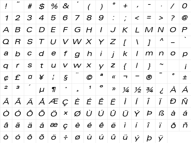 NovaExpandedSSK Italic  glyph index