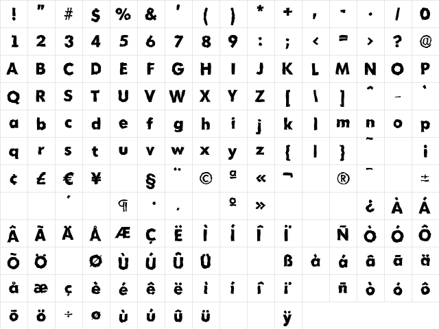 MontrealRandom-Xbold Regular  glyph index