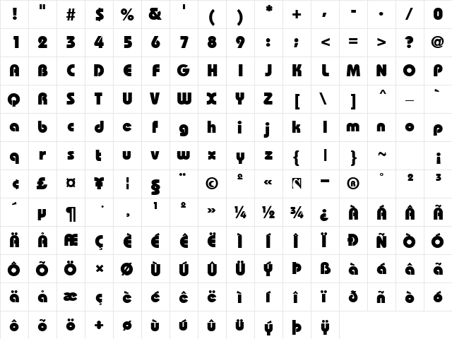 Blypa Bold  glyph index