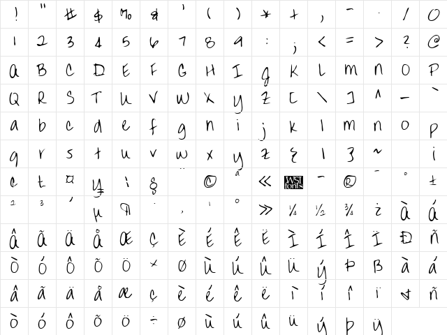 MandysHand Regular  glyph index