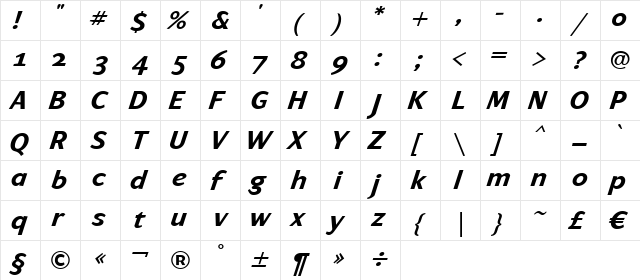 ArtemiusSans SN ItalicBold  glyph index