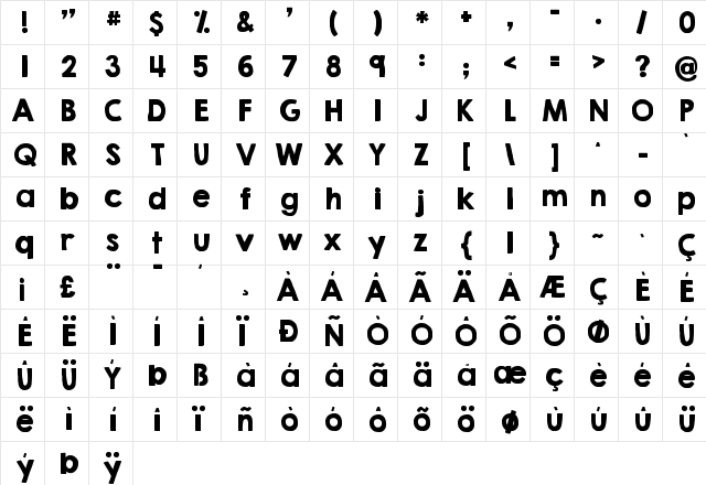 KG HAPPY Solid Regular  glyph index