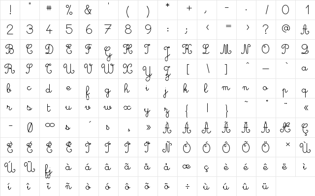 GinoSchoolScript Bold  glyph index