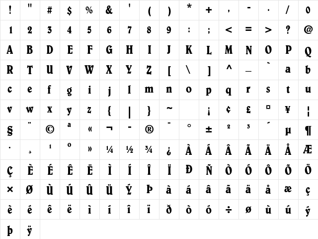 Belwe Std Condensed  glyph index