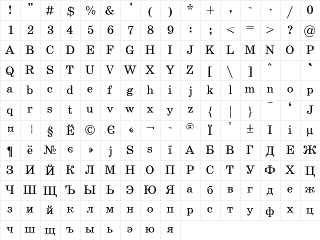 School Regular  glyph index