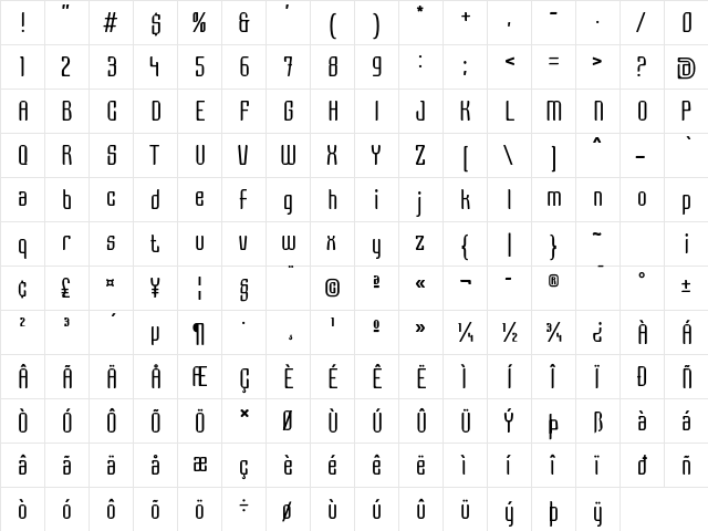 Grage Regular  glyph index