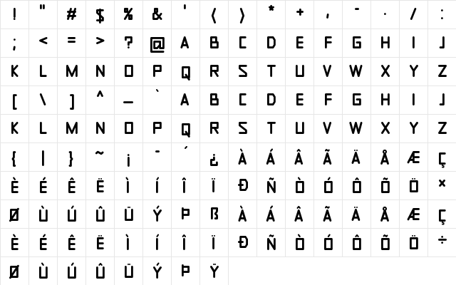 Rosbed Regular  glyph index