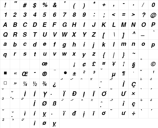 VNI Helve BoldItalic  glyph index