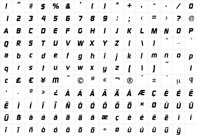 DigitalSerial-Xbold Italic  glyph index