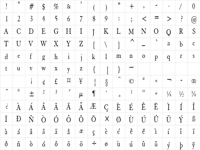 Elephant-Condensed Normal  glyph index