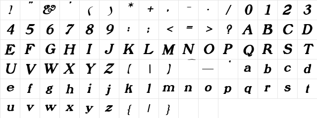 Prophet BoldItalic  glyph index