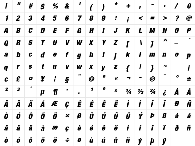 Helvetica Neue LT Pro 97 Black Condensed Oblique  glyph index