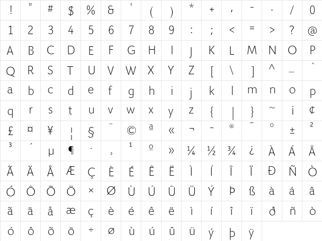 Giacomo LT Light  glyph index