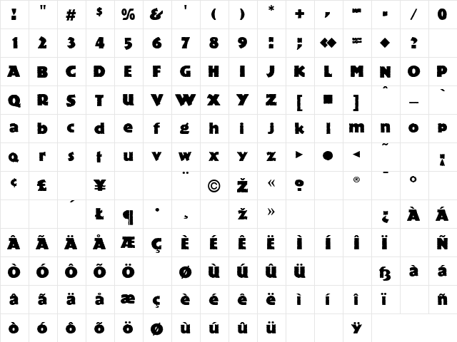 Publicity Gothic Normal  glyph index