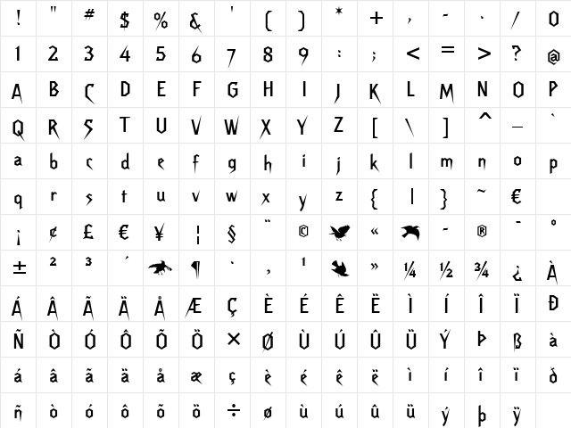 Raven Evermore Extra BT Regular  glyph index