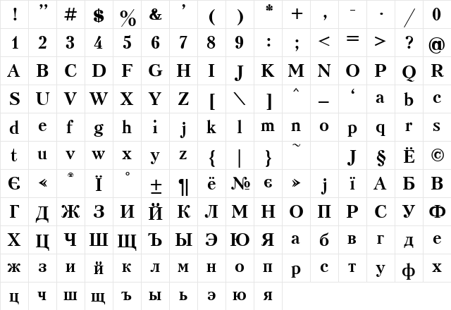 KudrashovC Bold  glyph index