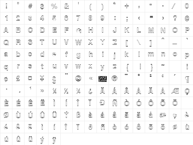 ArenaOutline Regular  glyph index