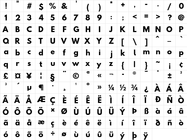 Hussar Bold  glyph index