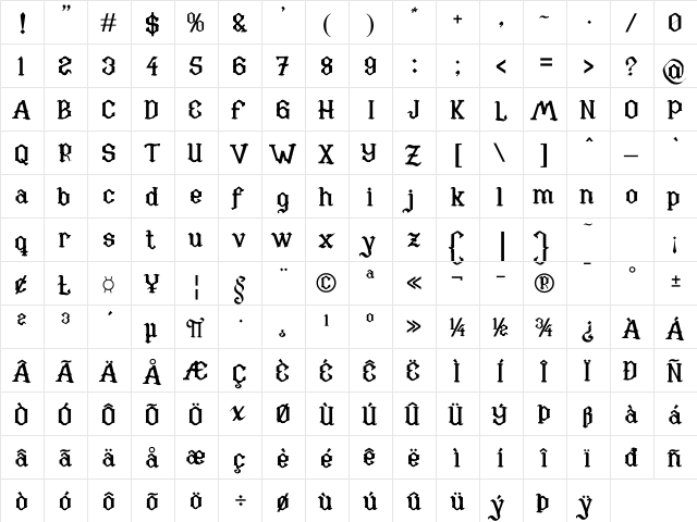 Xefora Bold  glyph index