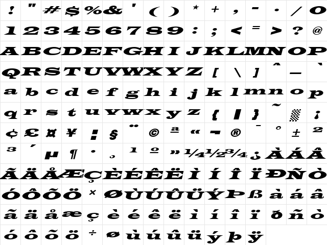 Latin-WideExtObl Normal  glyph index