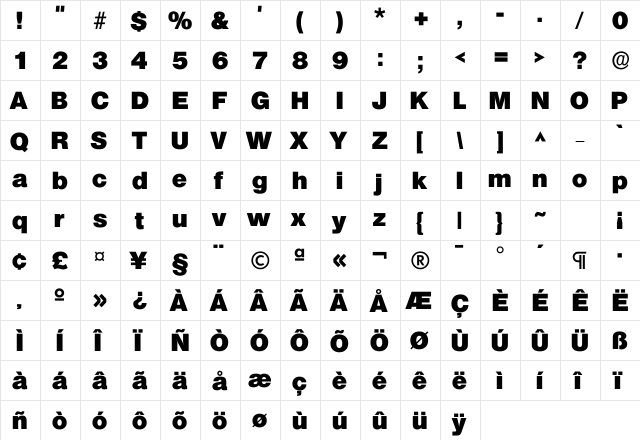 MVSans Bold  glyph index