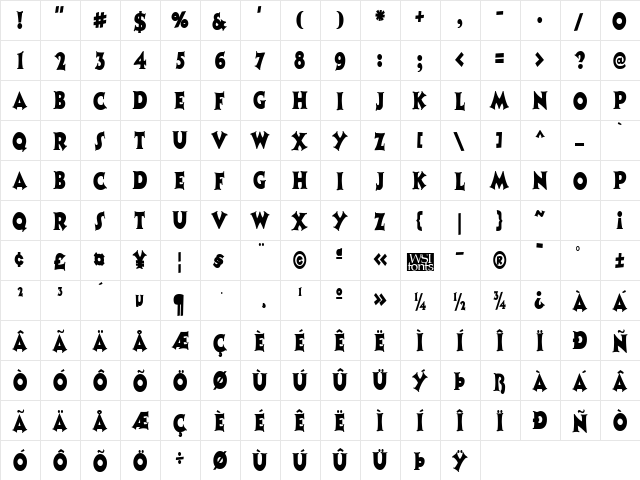 CoasterNarrow Regular  glyph index