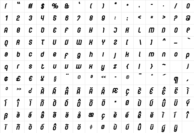 CurvatureBlack Italic Regular  glyph index