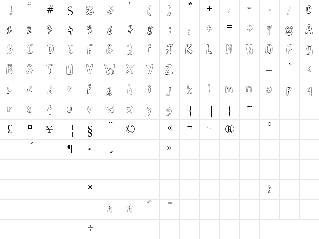 Vaille Regular  glyph index
