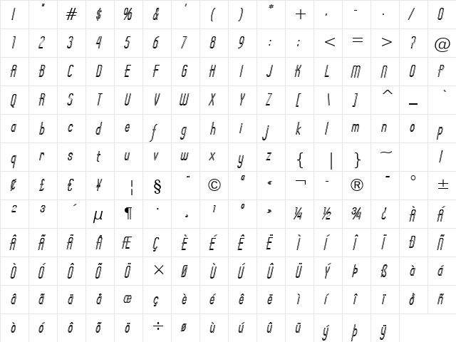 Operator Nine BTN Inline Oblique  glyph index