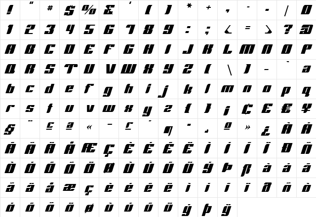 Runway Regular  glyph index