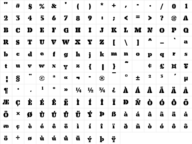 BetonSteDExtBol Regular  glyph index