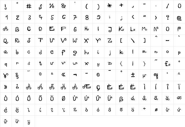 zawijasy Regular  glyph index