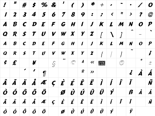 GremlinCaps Bold Italic  glyph index