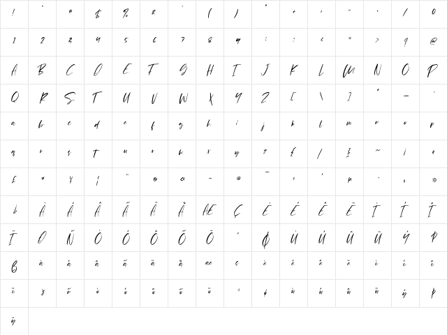 Pejuang Cinta Regular  glyph index