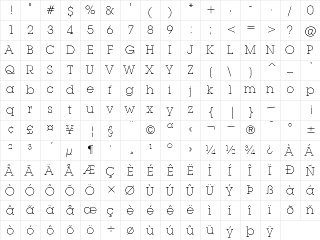ITCLubalinGraph-ExtraLight Extra Light  glyph index
