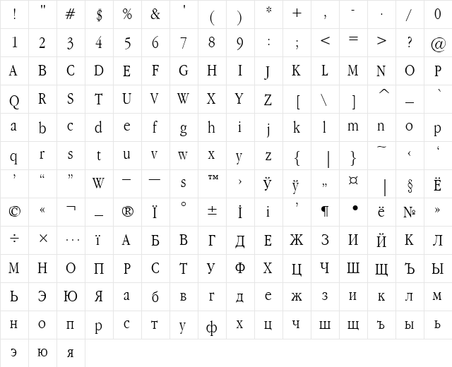 Garamond Narrow Plain  glyph index