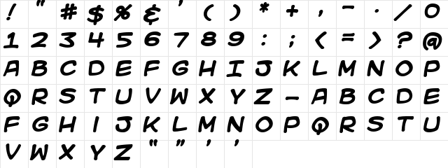 Kid Kosmic Bold  glyph index