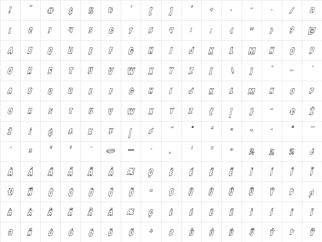 Leatherface Outline Italic Italic  glyph index