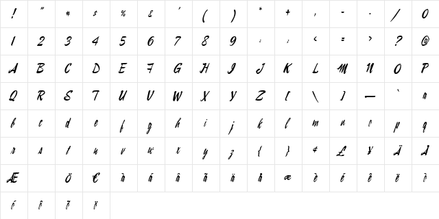 Kalinka Brush Regular  glyph index