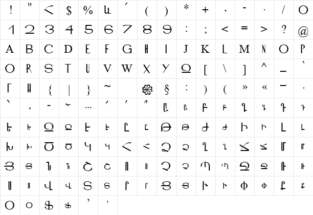 ArTarumianIshxan Regular  glyph index