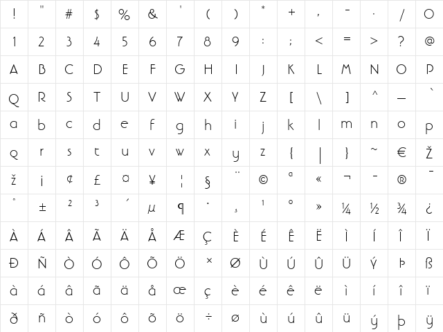 LTBanjoman Text Light Regular  glyph index