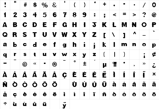 New Bold  glyph index