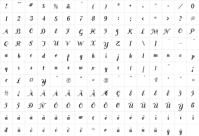 FansiPensle Bold  glyph index